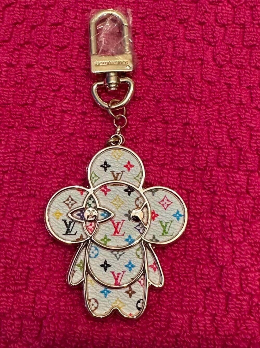 Flower White With Rainbow Mono Pattern Silver Hardware Keychain